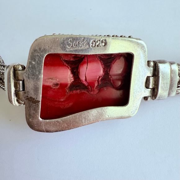 Sarda 30 CT Red Coral Bali 925 Sterling Silver 7.5mm Triple Chain Bracelet - Picture 7 of 12